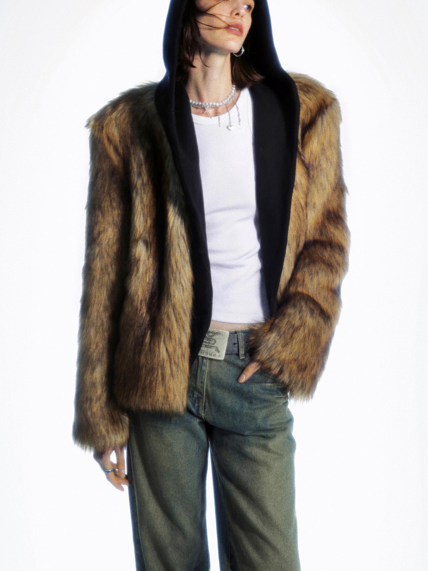 commonce net Detachable Hooded Eco Fur Jacket