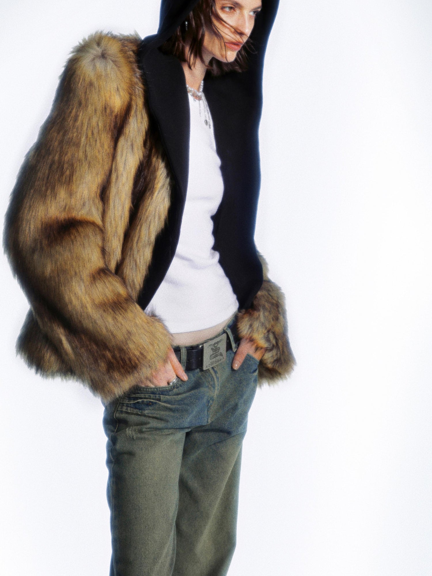 commonce net Detachable Hooded Eco Fur Jacket