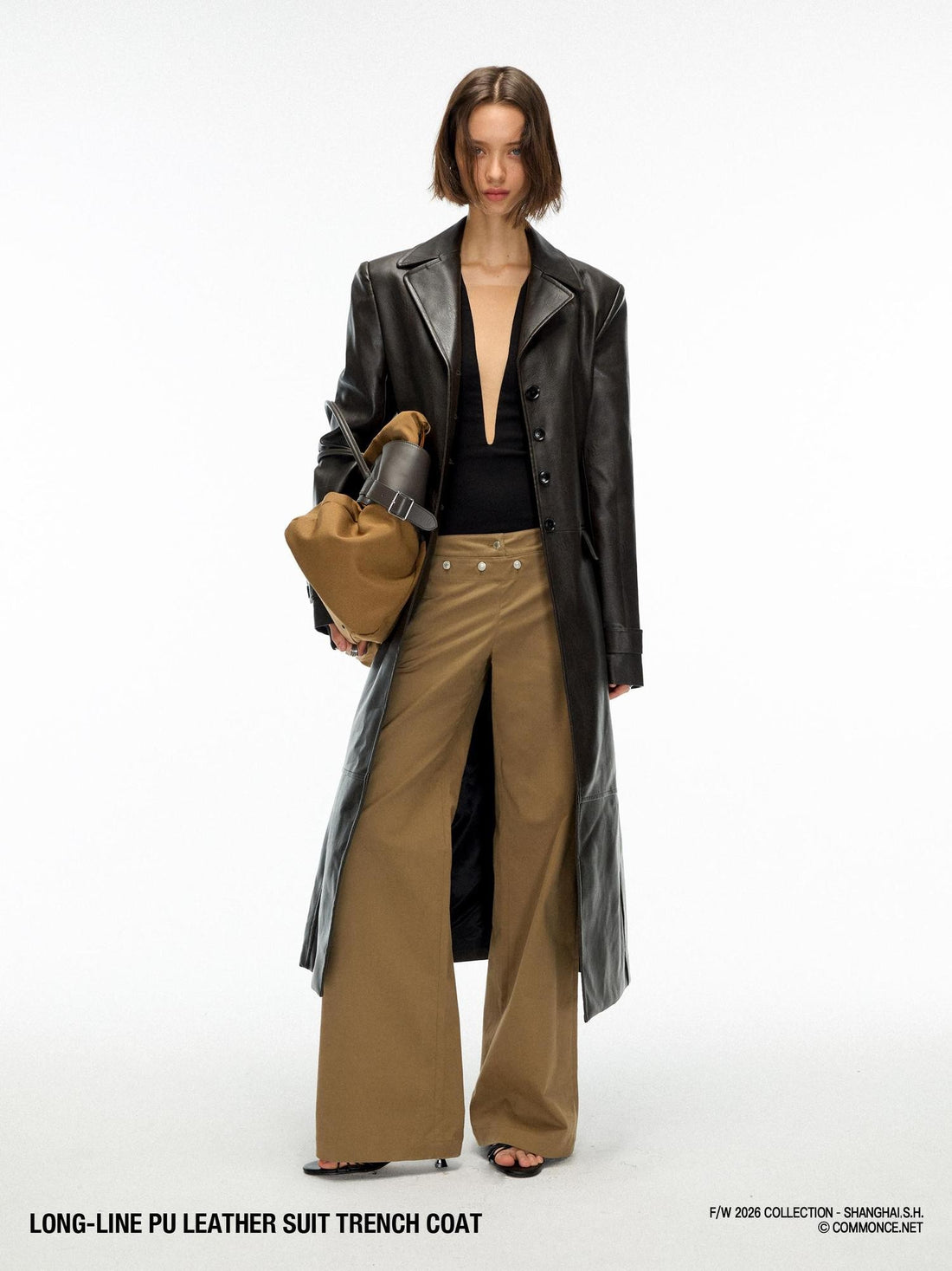 commonce net Distressed Faded Waist Cinched Long Sleeve Pu Leather Women&