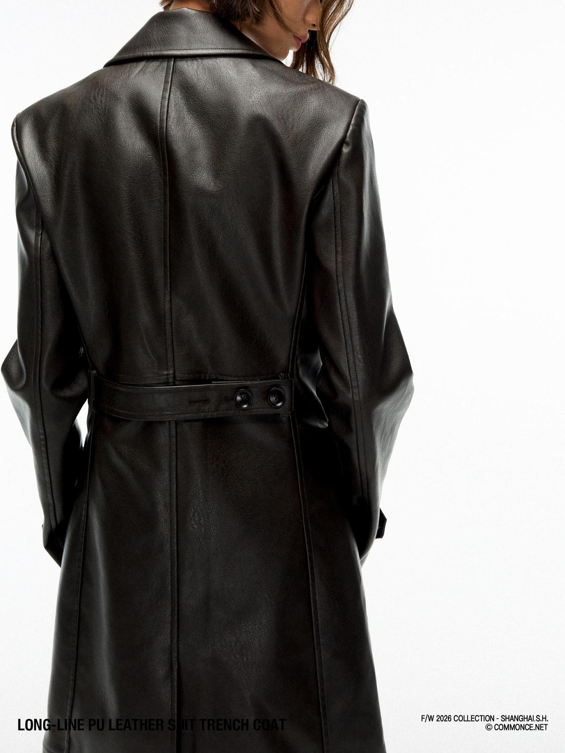 commonce net Distressed Faded Waist Cinched Long Sleeve Pu Leather Women&