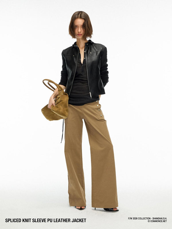 Faux Leather Spliced Knit Sleeve Slim Fit Women's Pu Leather Jackets