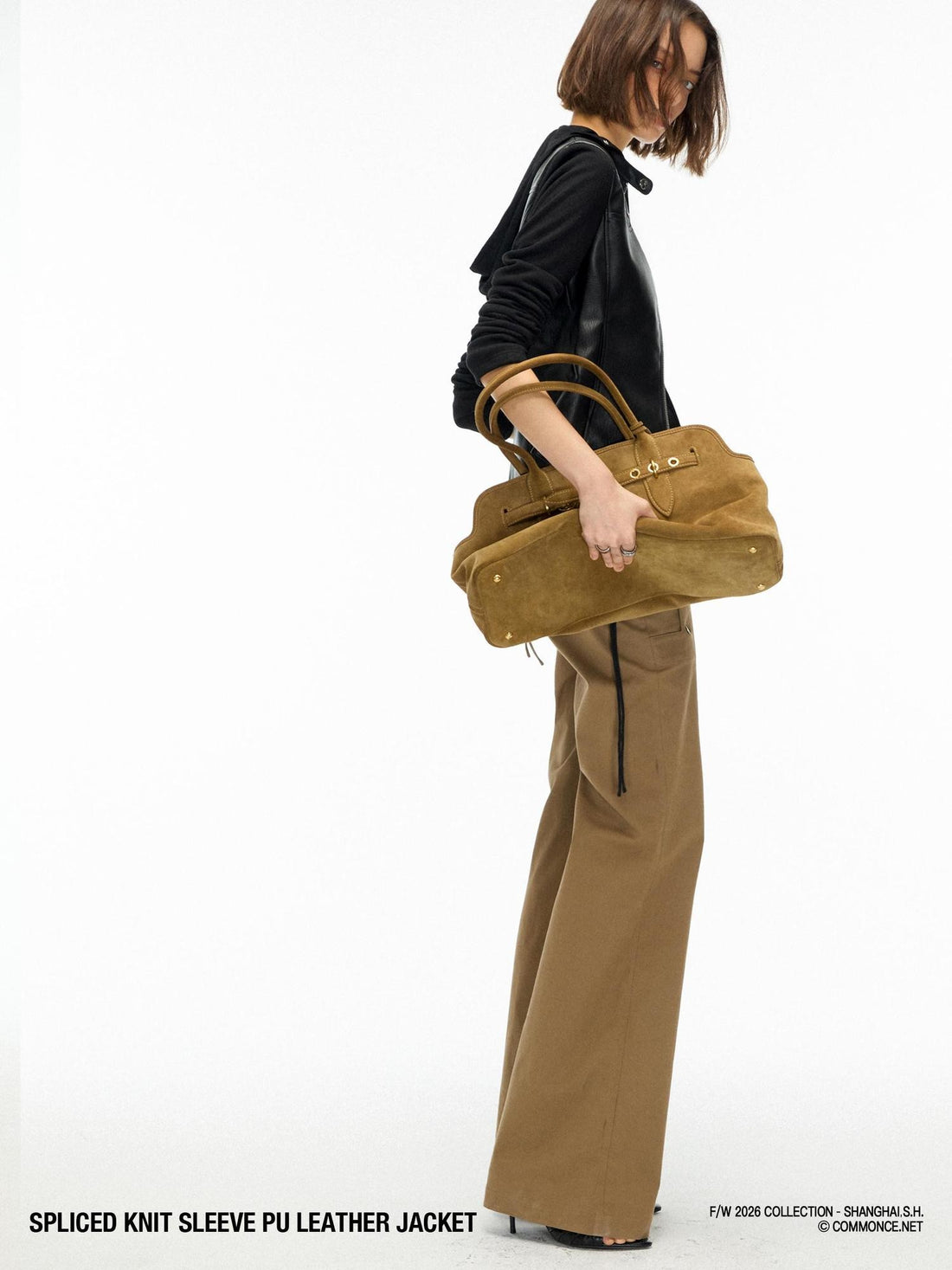 commonce net Faux Leather Spliced Knit Sleeve Slim Fit Women&
