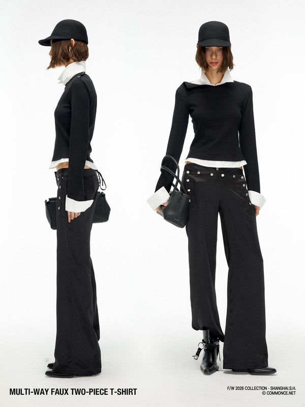 Faux Two Piece Shirt Layered Slim Fit Cotton Women's Two-piece Knit Tops