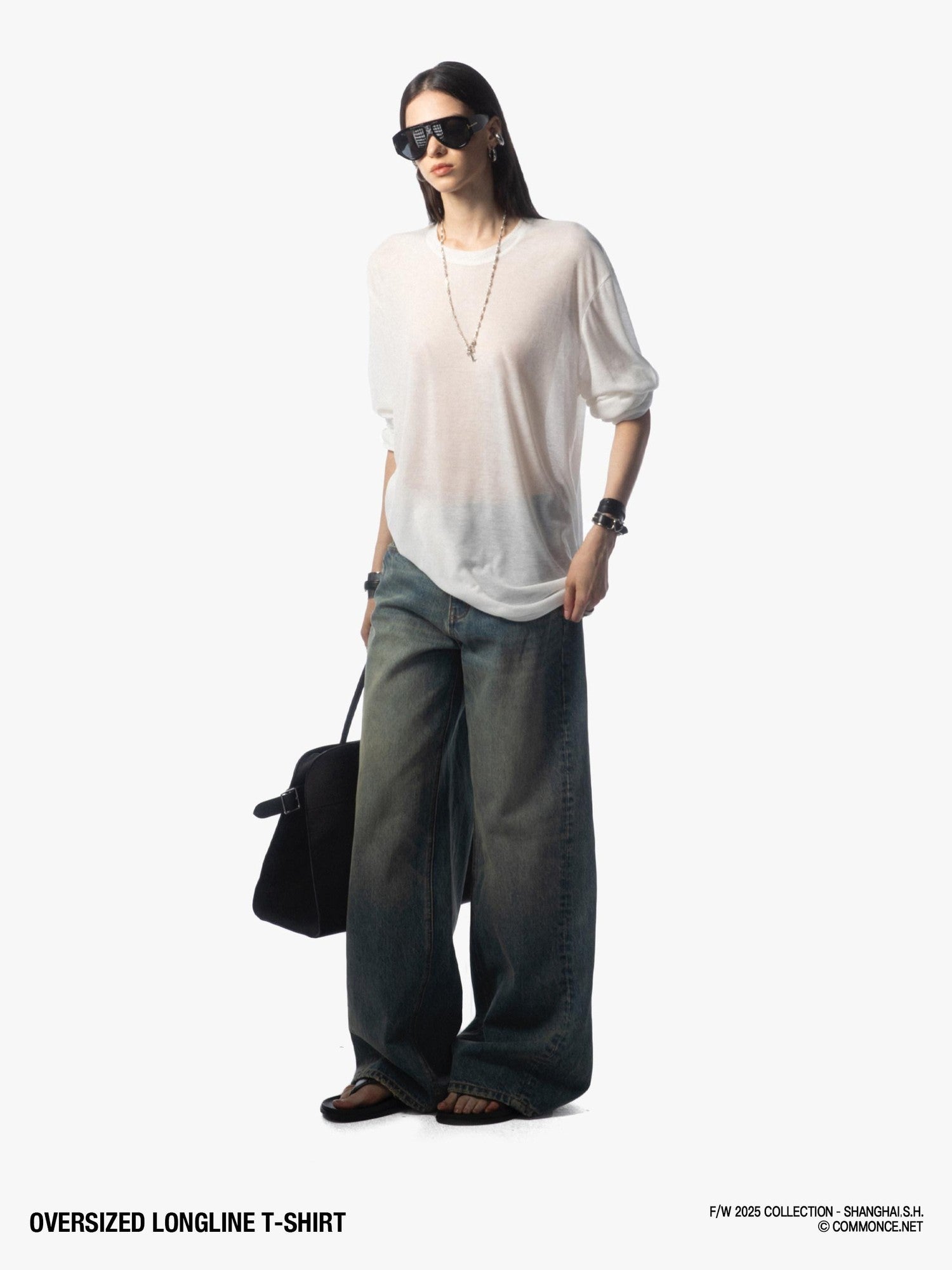 commonce net Frayed Hem Semi Sheer Oversized Women&