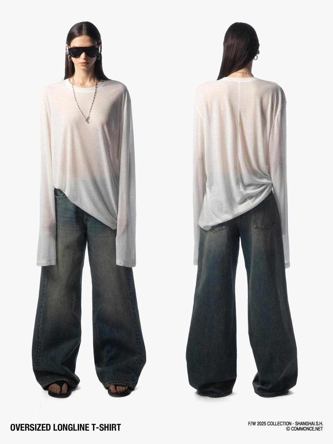 commonce net Frayed Hem Semi Sheer Oversized Women&