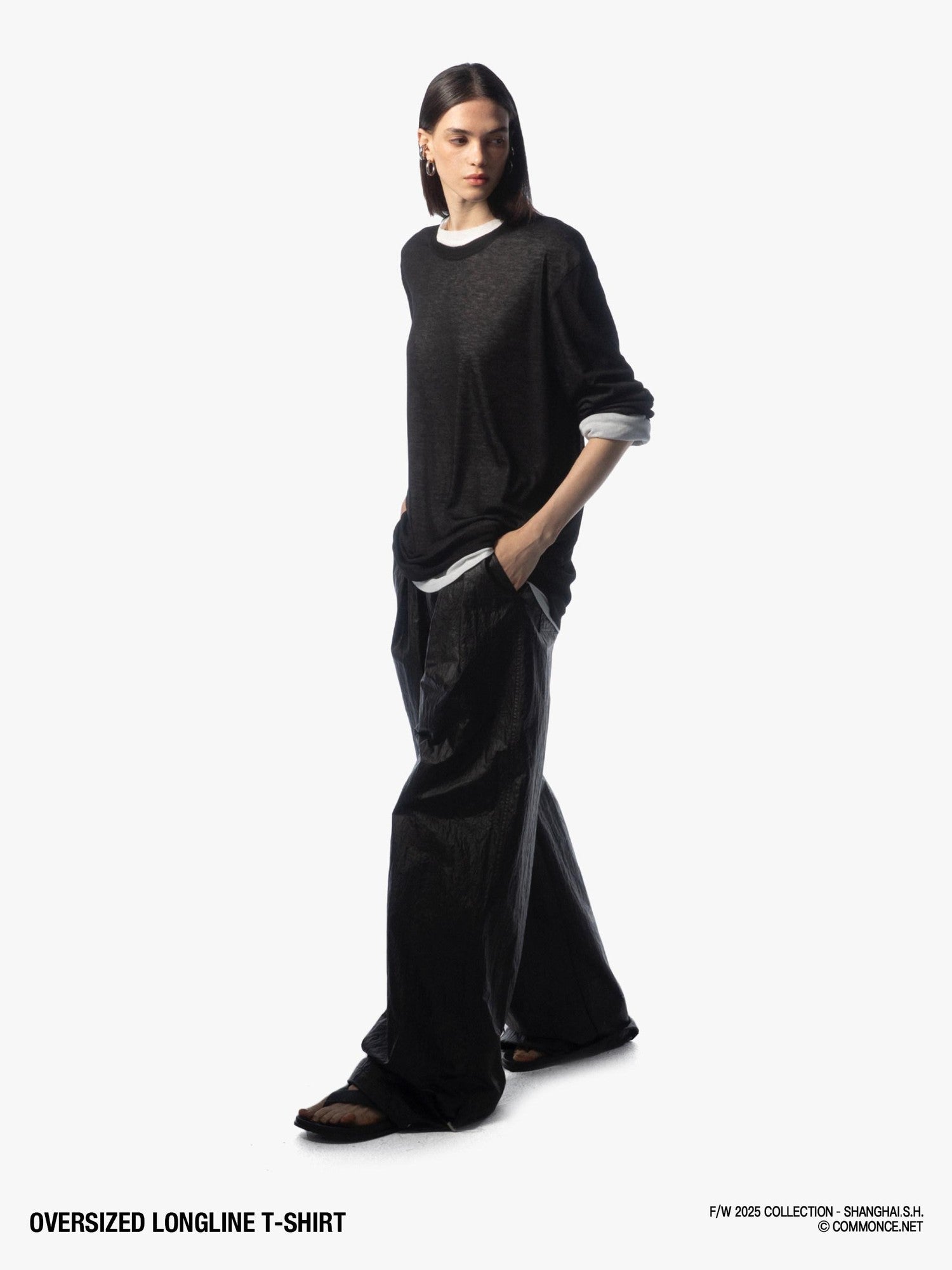 commonce net Frayed Hem Semi Sheer Oversized Women&