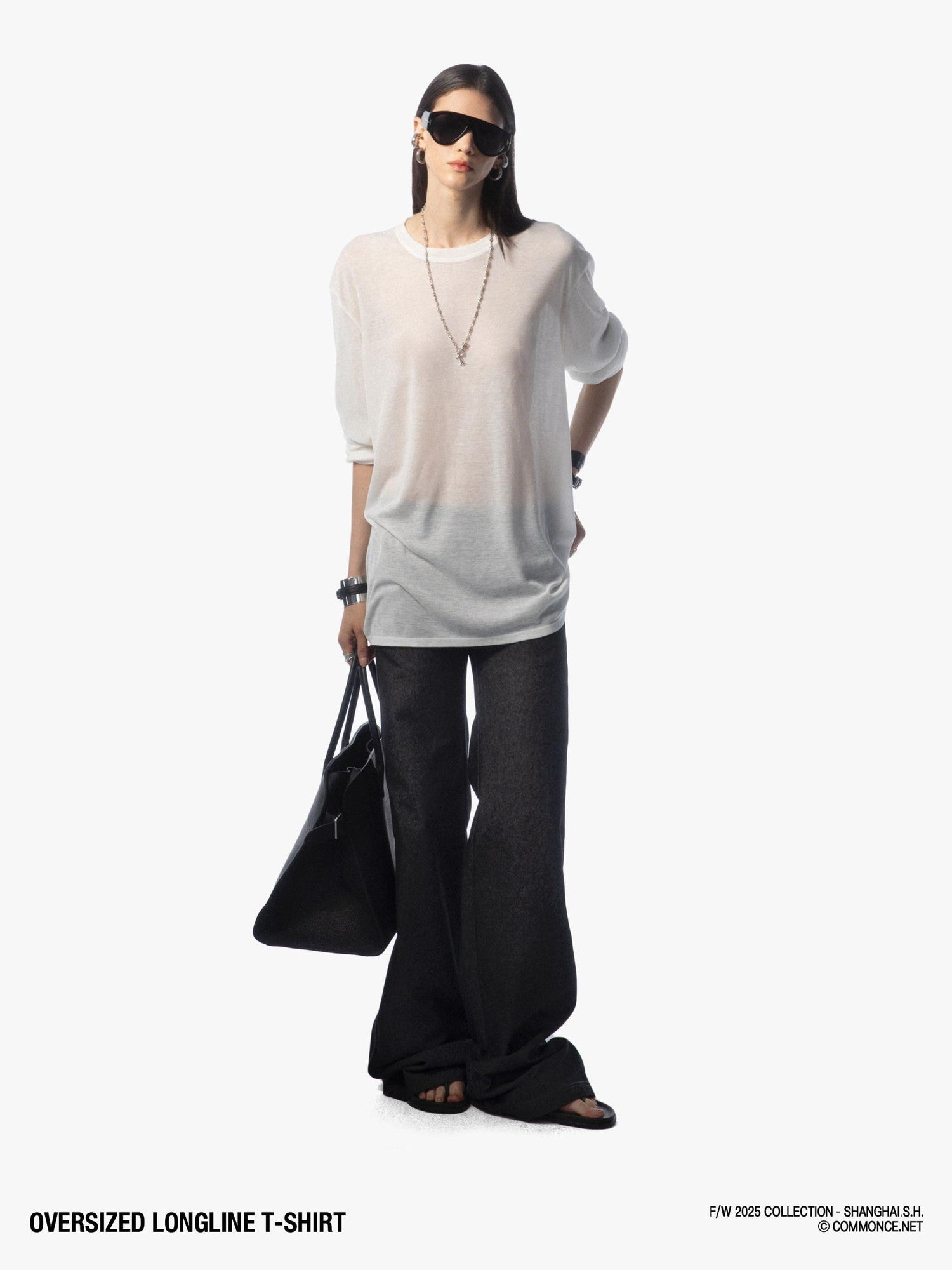 commonce net Frayed Hem Semi Sheer Oversized Women&