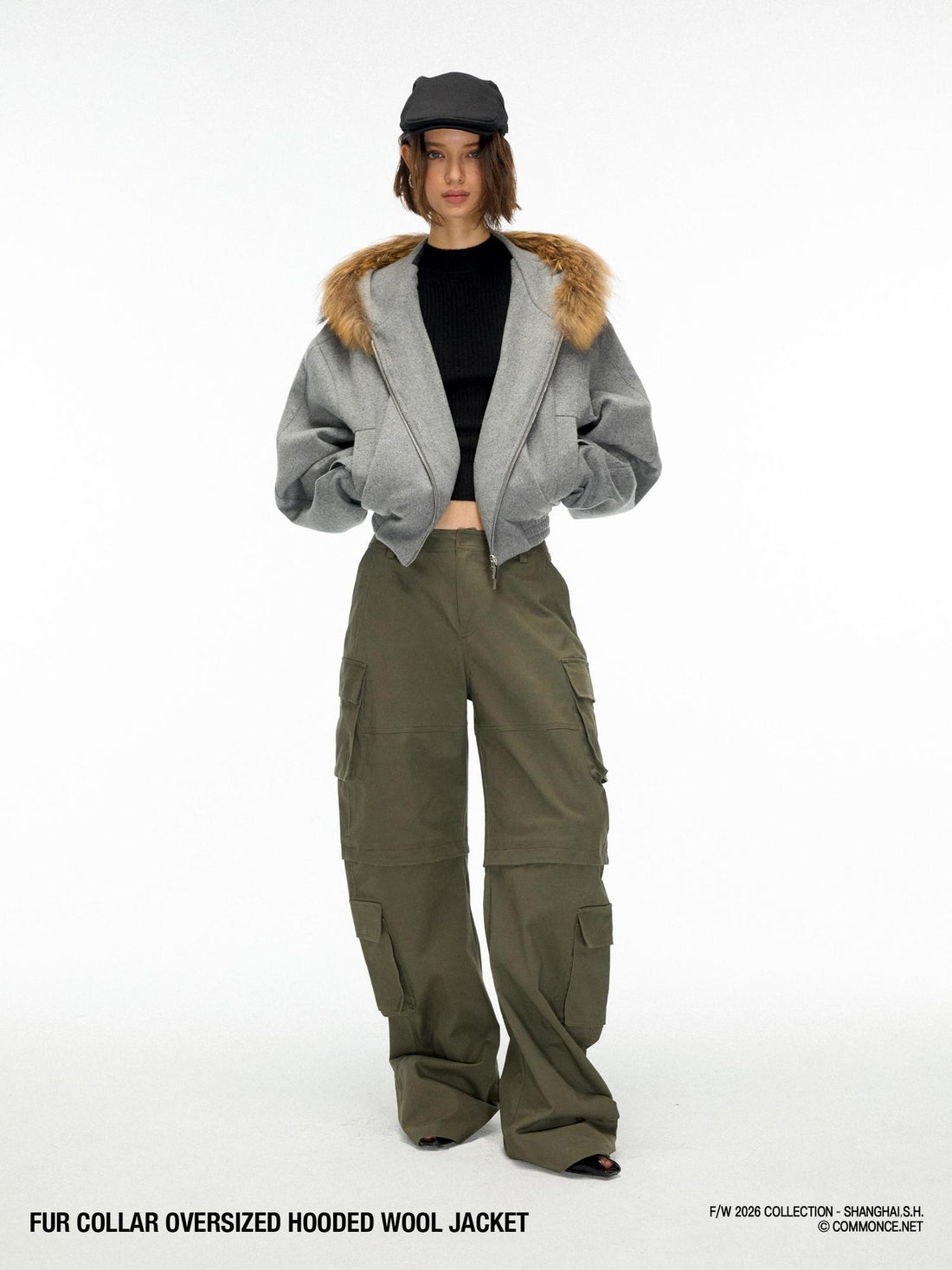 commonce net Hooded Zip Up Wool Blend Loose Fit Women&