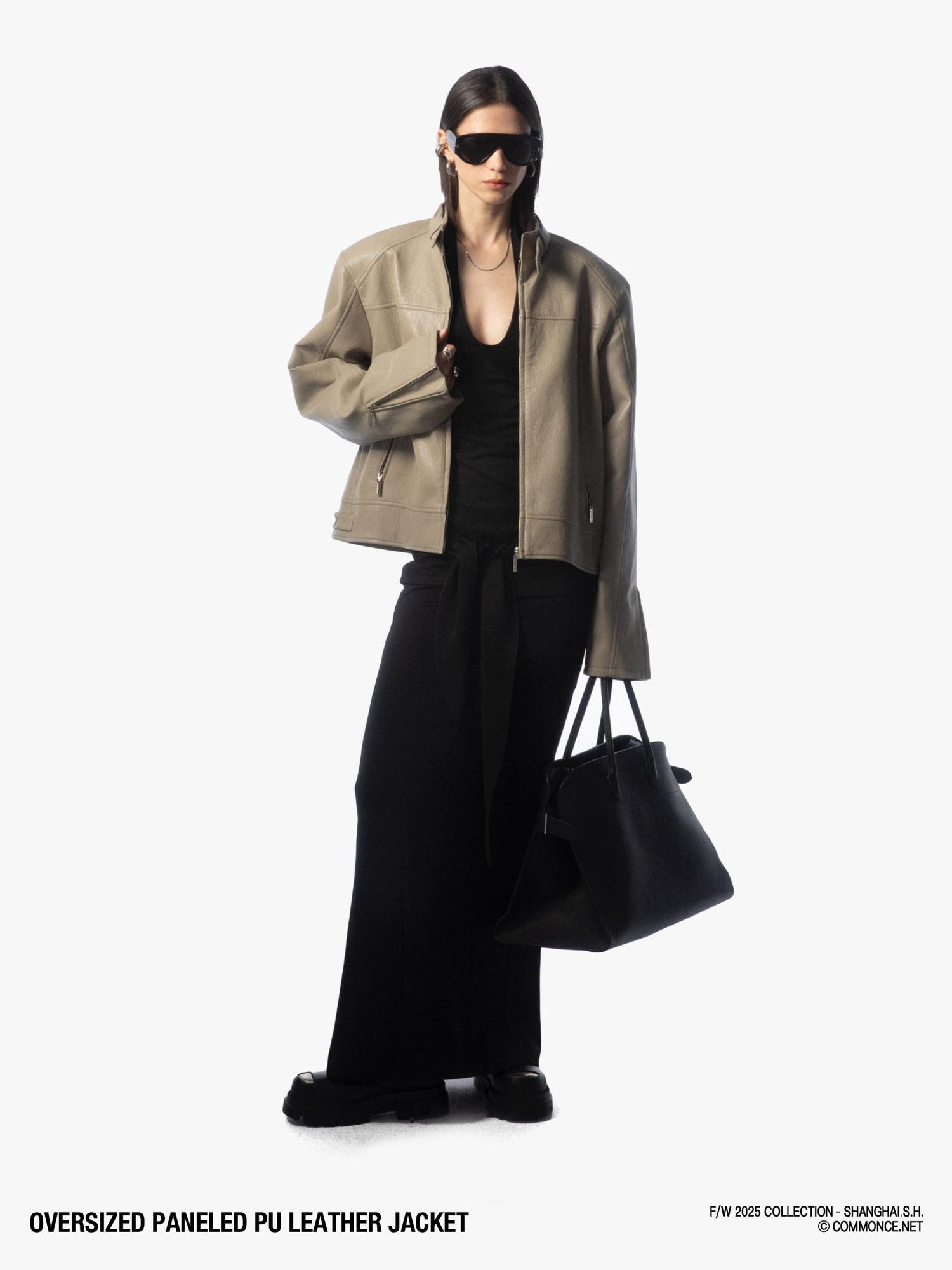 commonce net Khaki Gray Patchwork Panel Zippered Relaxed Fit Lapel Women&