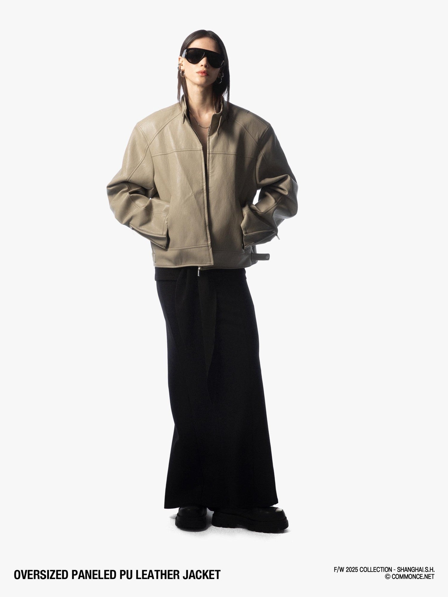 commonce net Khaki Gray Patchwork Panel Zippered Relaxed Fit Lapel Women&