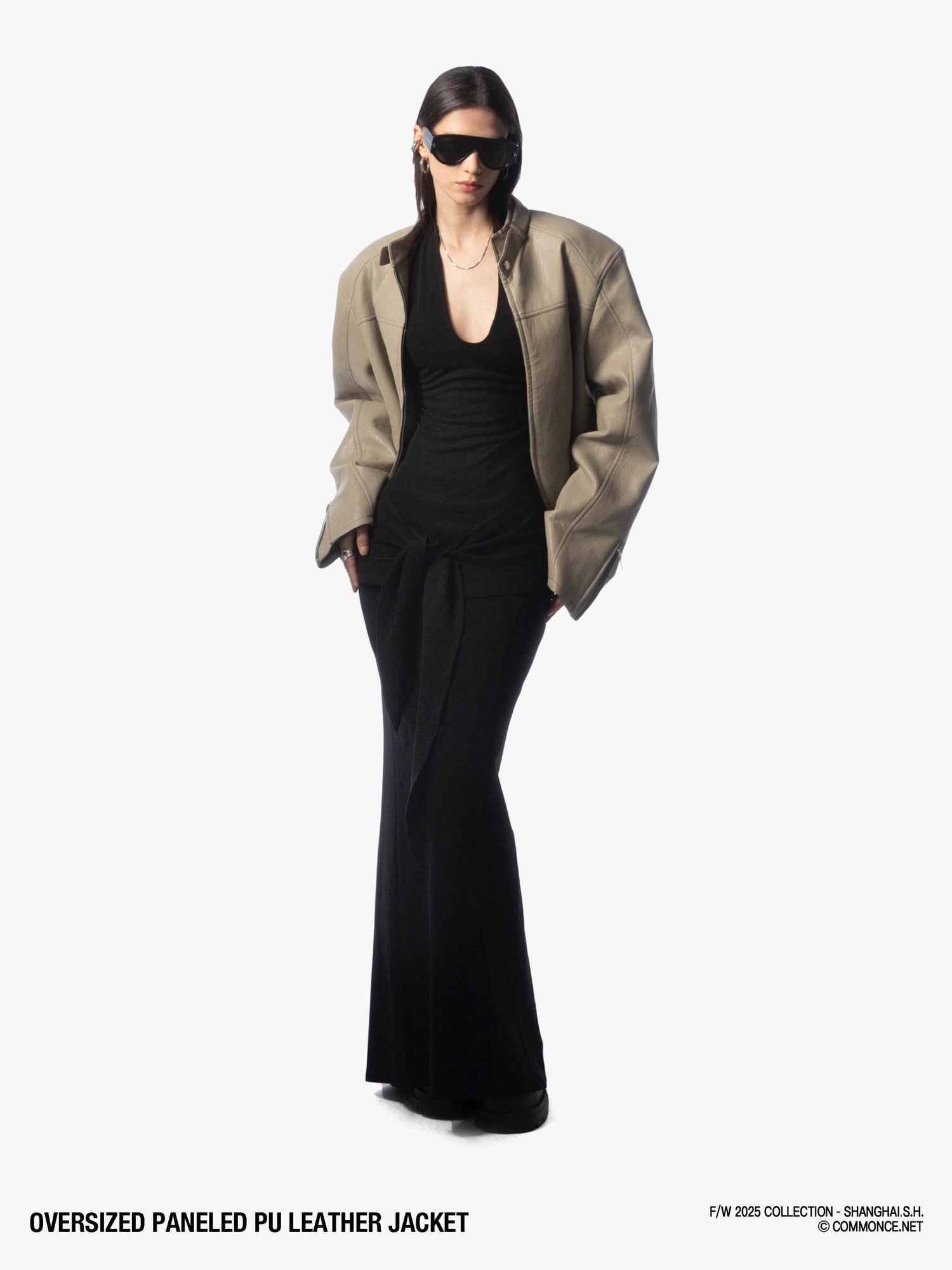 commonce net Khaki Gray Patchwork Panel Zippered Relaxed Fit Lapel Women&