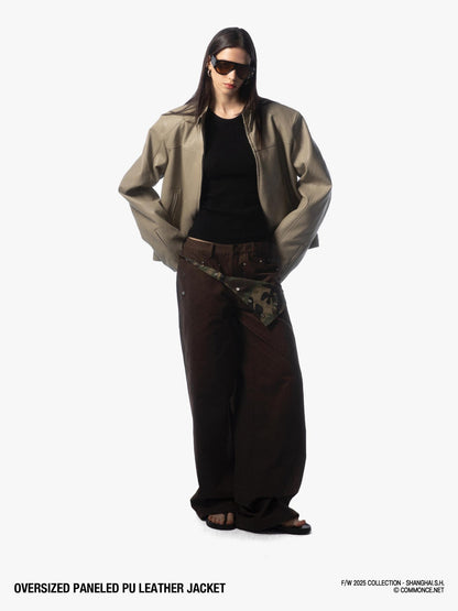 commonce net Khaki Gray Patchwork Panel Zippered Relaxed Fit Lapel Women&