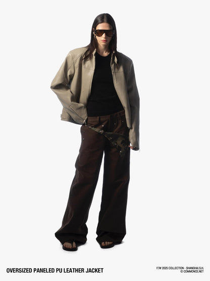 commonce net Khaki Gray Patchwork Panel Zippered Relaxed Fit Lapel Women&