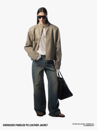 commonce net Khaki Gray Patchwork Panel Zippered Relaxed Fit Lapel Women&