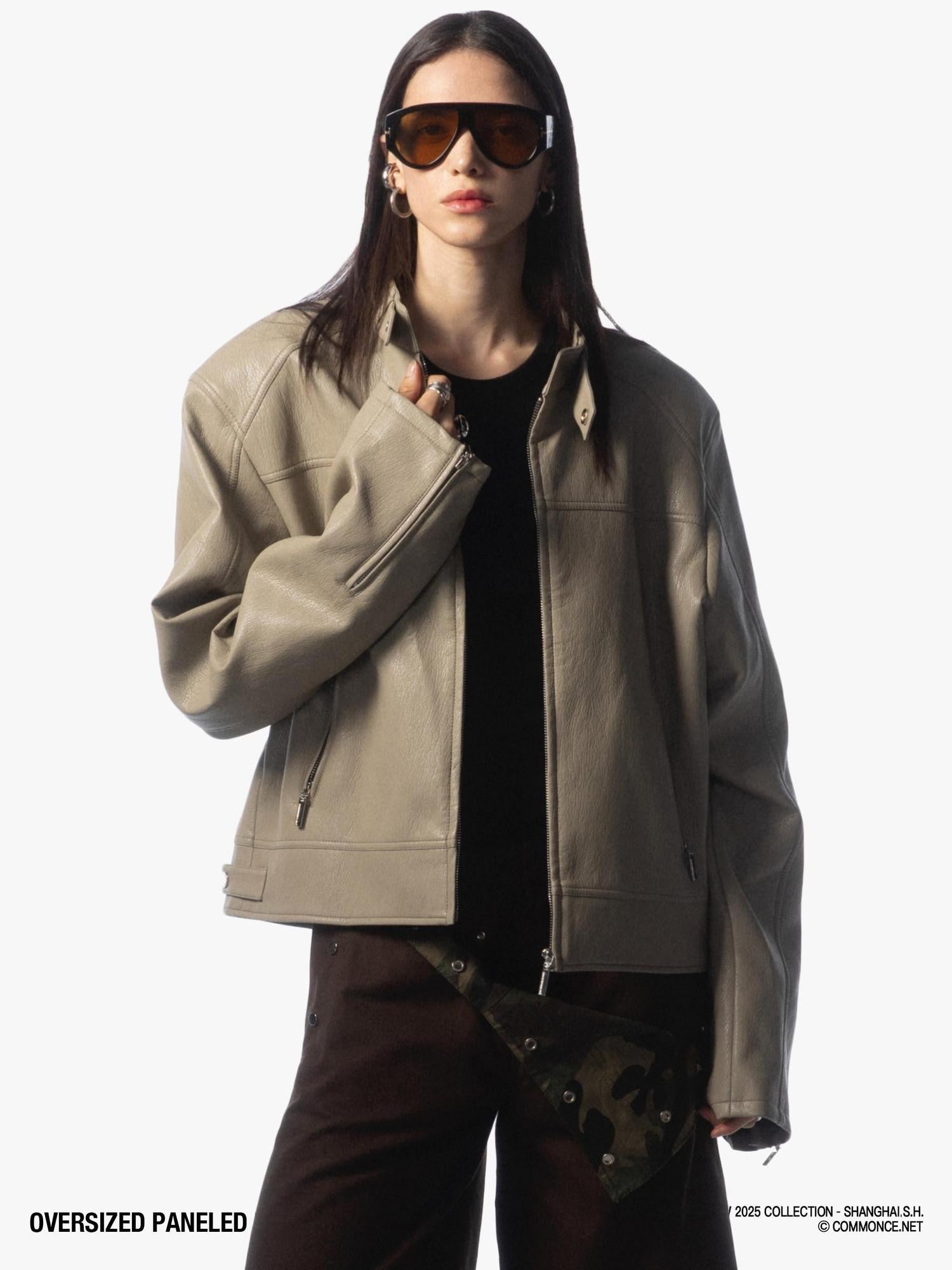 commonce net Khaki Gray Patchwork Panel Zippered Relaxed Fit Lapel Women&