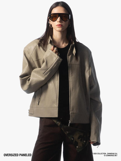 commonce net Khaki Gray Patchwork Panel Zippered Relaxed Fit Lapel Women&