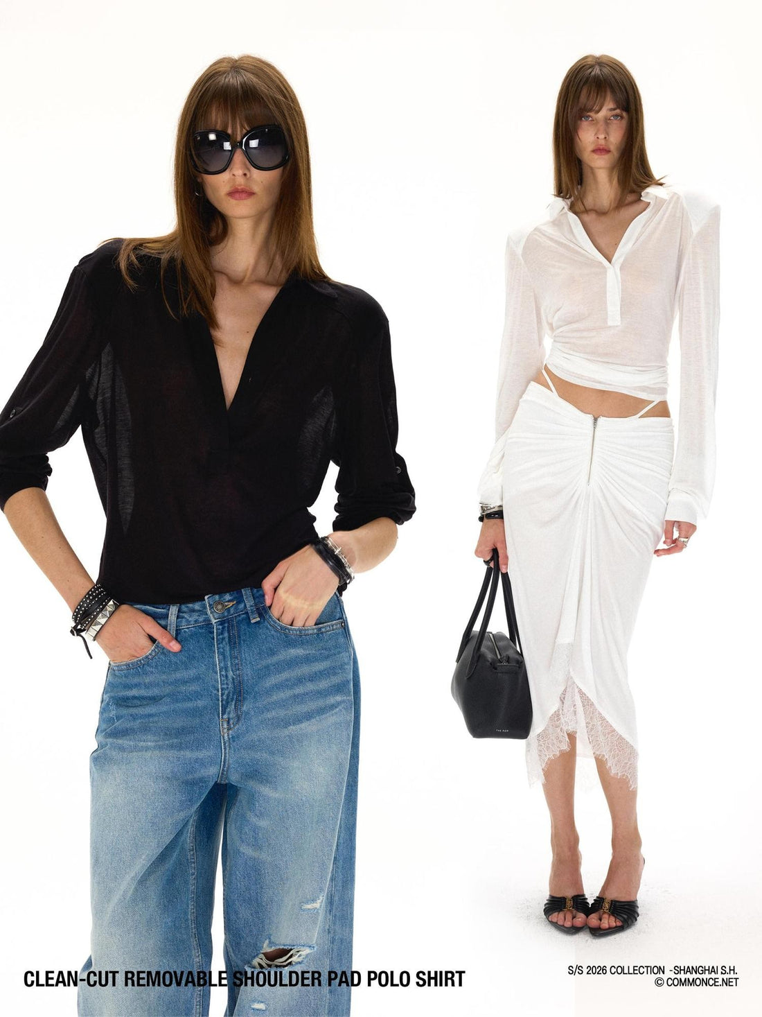 commonce net Loose Fit Detachable Shoulder Pads Polo Collar Women&