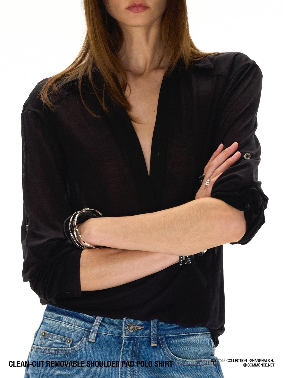 commonce net Loose Fit Detachable Shoulder Pads Polo Collar Women&