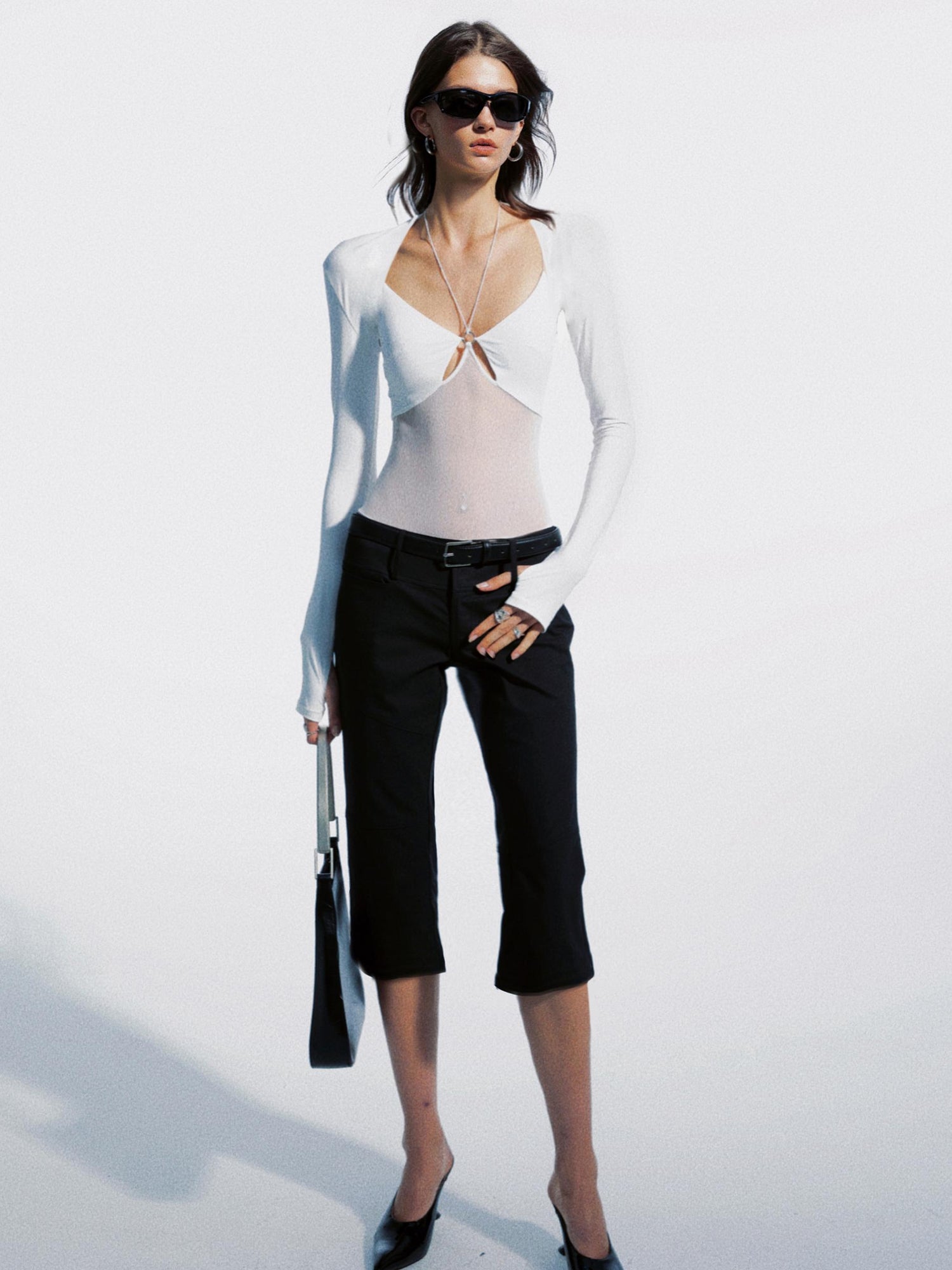 commonce net Metal Ring Cutout Halter Bodysuit With Fingerless Sleeves