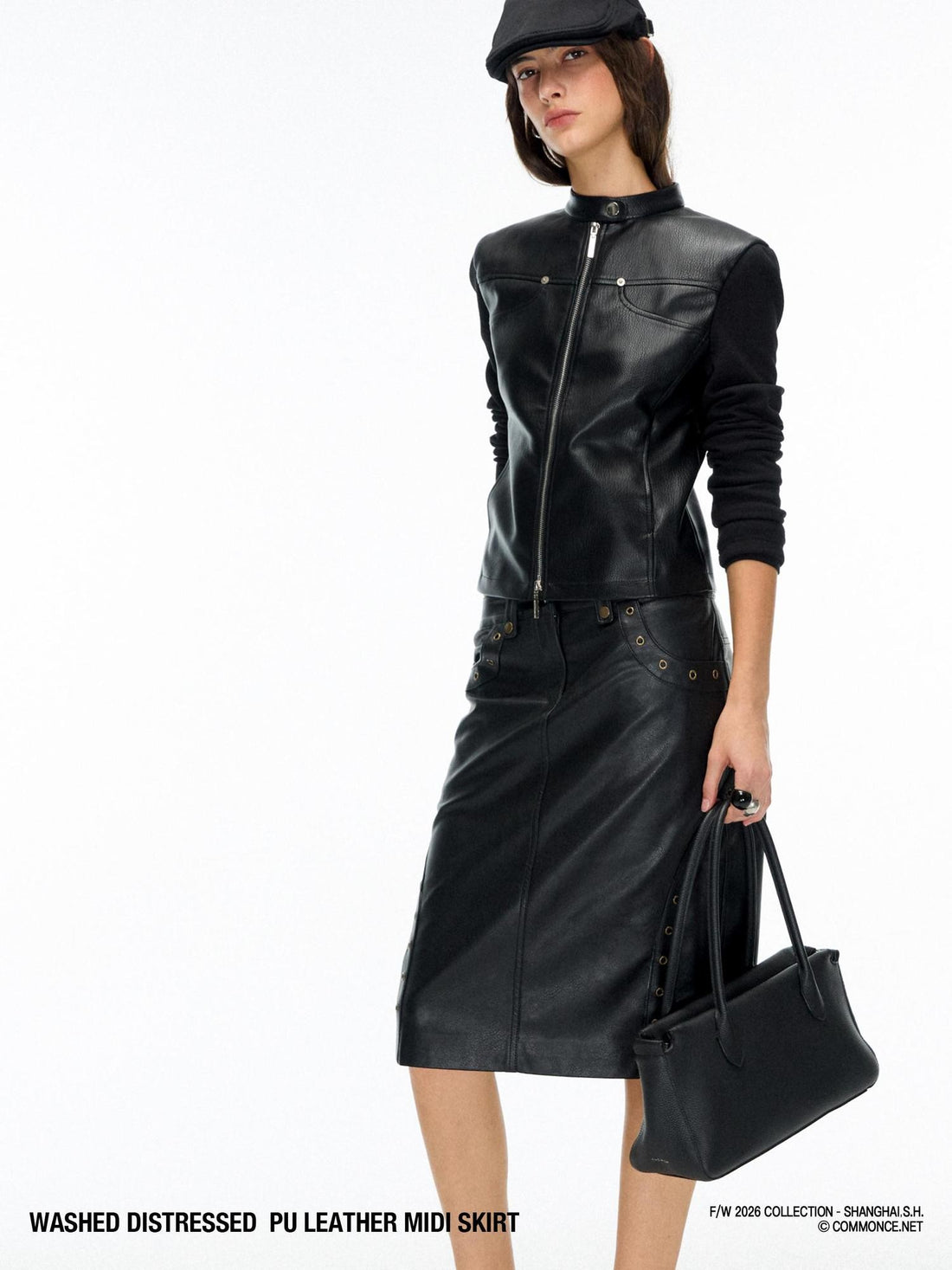 commonce net Metallic Washed Distressed Straight Pu Leather Women&