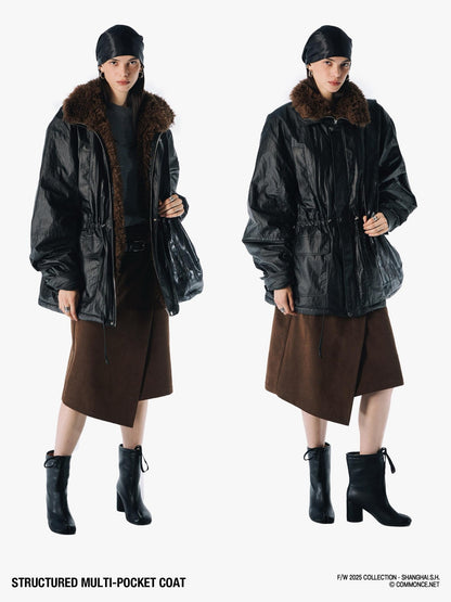 commonce net Multiple Pockets Double Collar Fleece Lined Women&