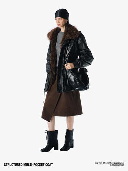 commonce net Multiple Pockets Double Collar Fleece Lined Women&