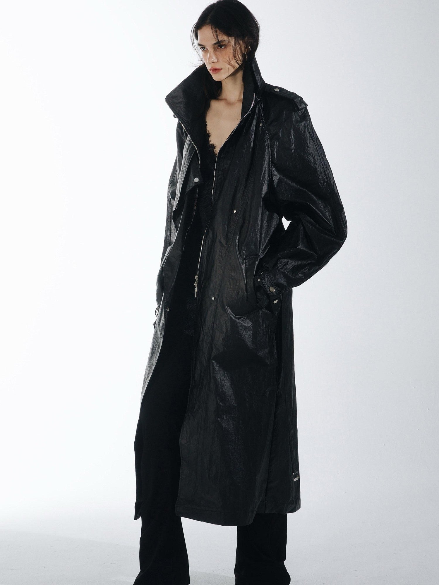 commonce net Oil Wax Coated Double Collar Structured Straight Cut Women&
