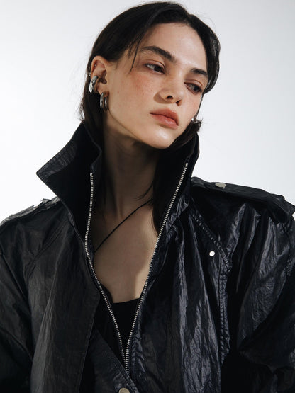 commonce net Oil Wax Coated Double Collar Structured Straight Cut Women&