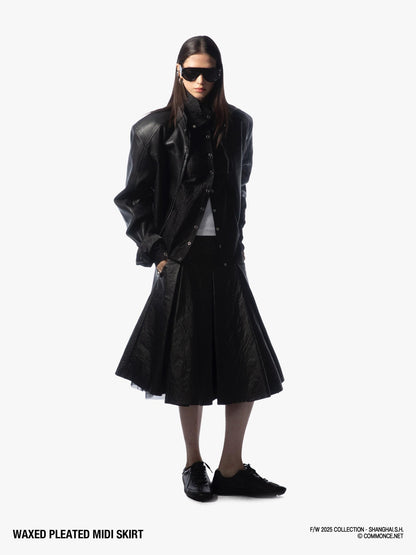 commonce net Oil Wax Coated Pressed Pleat Flared Low Waist Pockets Women&