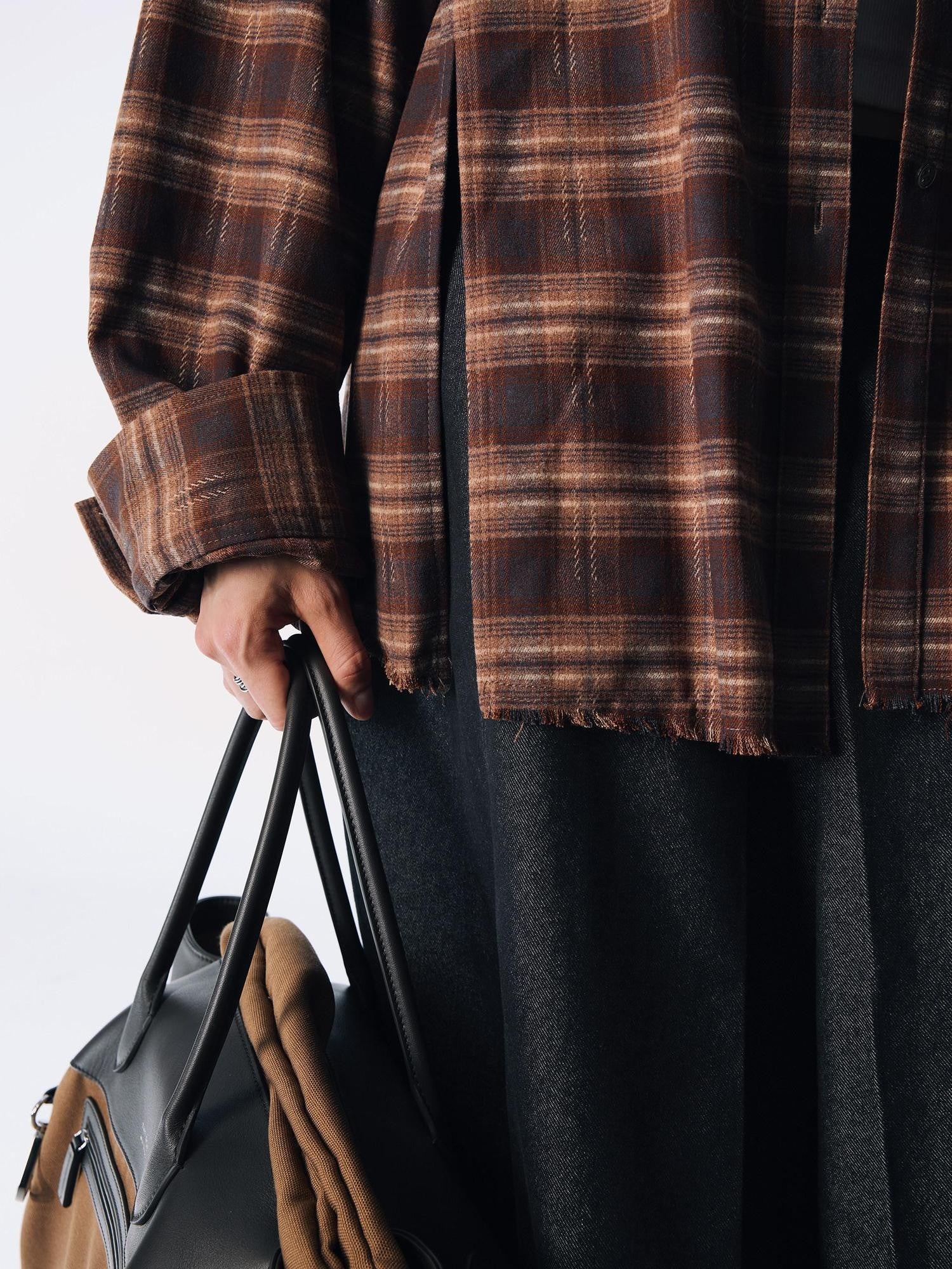 commonce net Plaid Brushed Boxy Frayed Mid Length Long Sleeve Women&