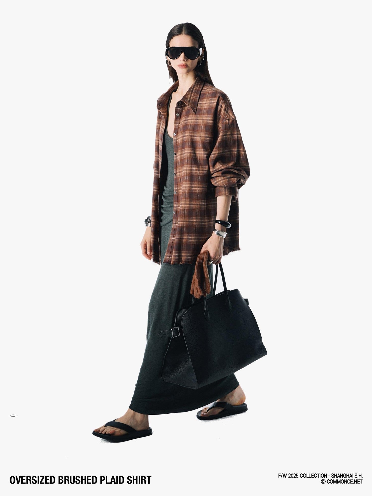 commonce net Plaid Brushed Boxy Frayed Mid Length Long Sleeve Women&