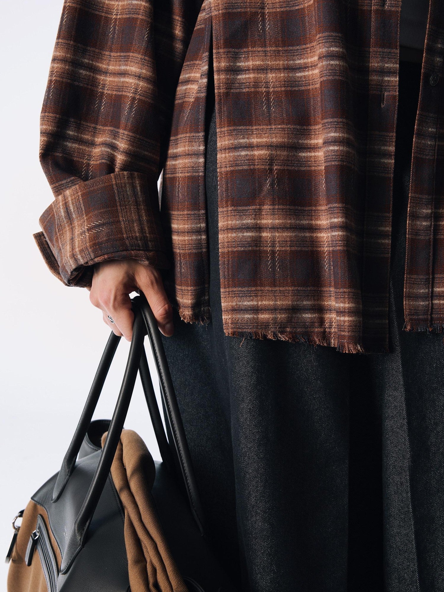 commonce net Plaid Brushed Boxy Frayed Mid Length Long Sleeve Women&