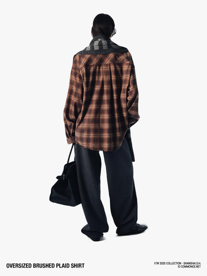 commonce net Plaid Brushed Boxy Frayed Mid Length Long Sleeve Women&