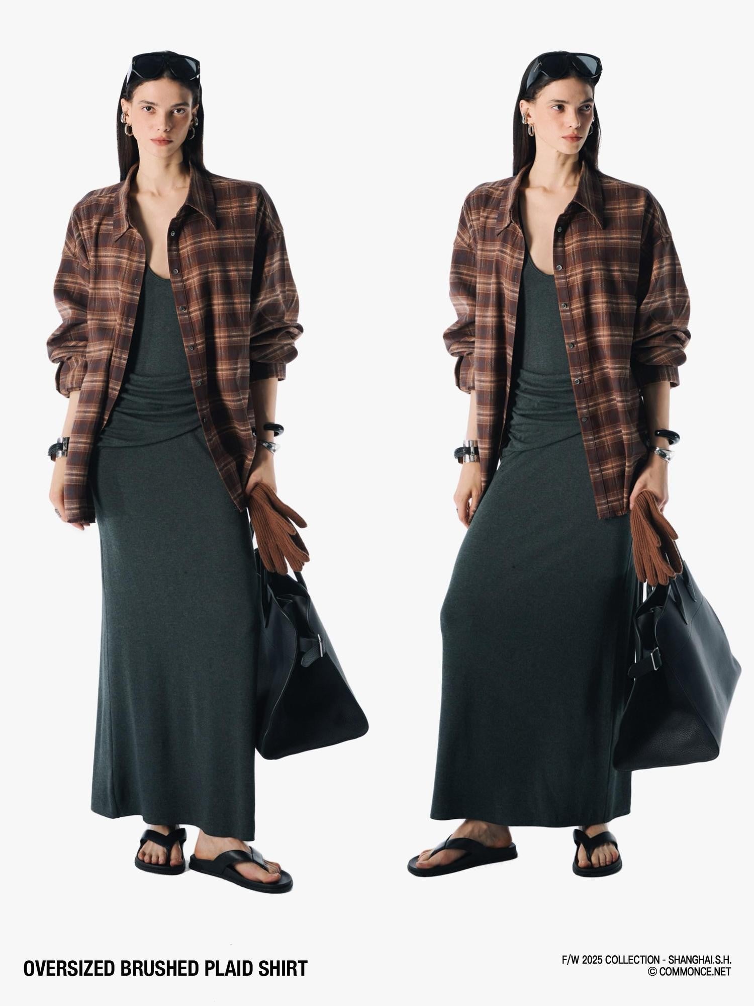 commonce net Plaid Brushed Boxy Frayed Mid Length Long Sleeve Women&