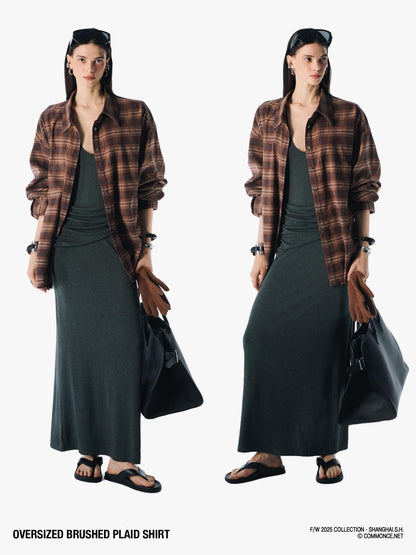 commonce net Plaid Brushed Boxy Frayed Mid Length Long Sleeve Women&