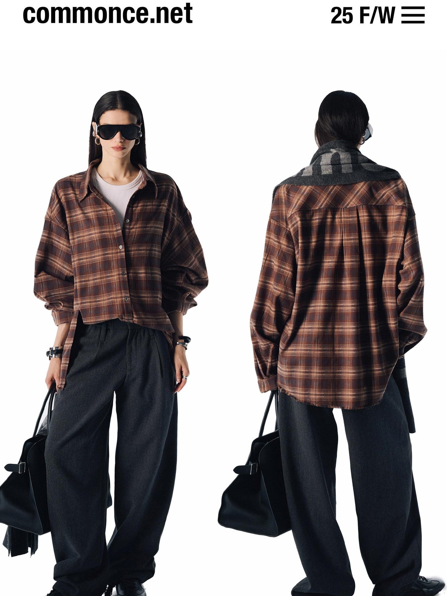 commonce net Plaid Brushed Boxy Frayed Mid Length Long Sleeve Women&
