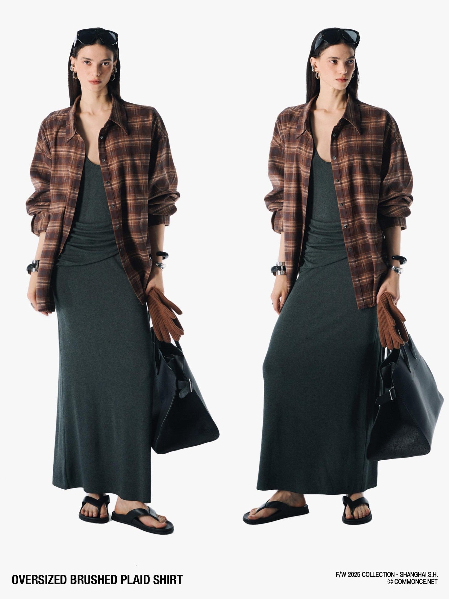 commonce net Plaid Brushed Boxy Frayed Mid Length Long Sleeve Women&