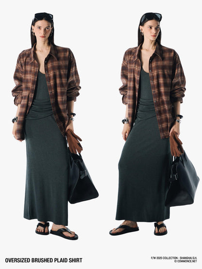 commonce net Plaid Brushed Boxy Frayed Mid Length Long Sleeve Women&