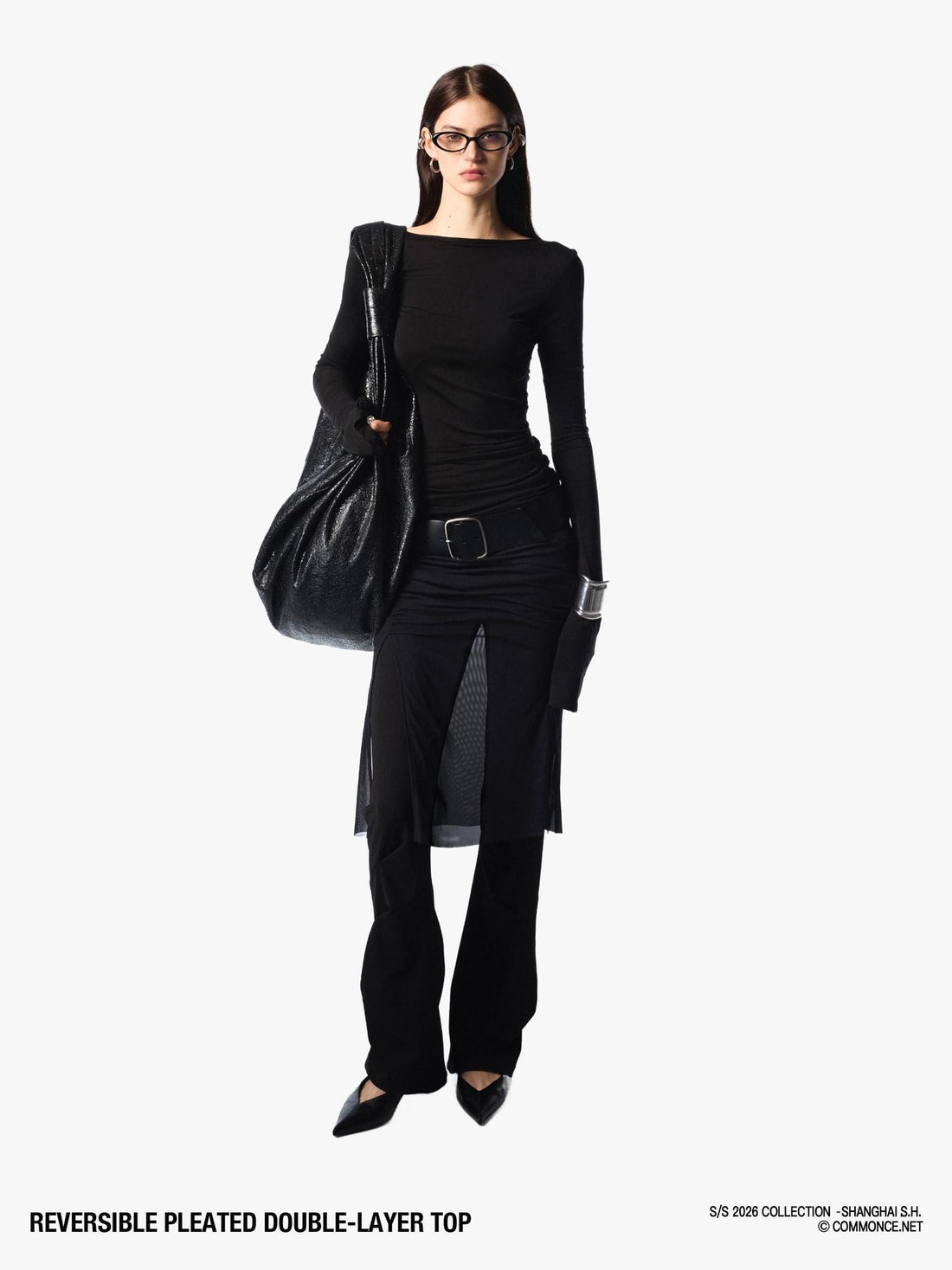 commonce net Pleated Cutout Faux Two Piece Slim Fit Women&