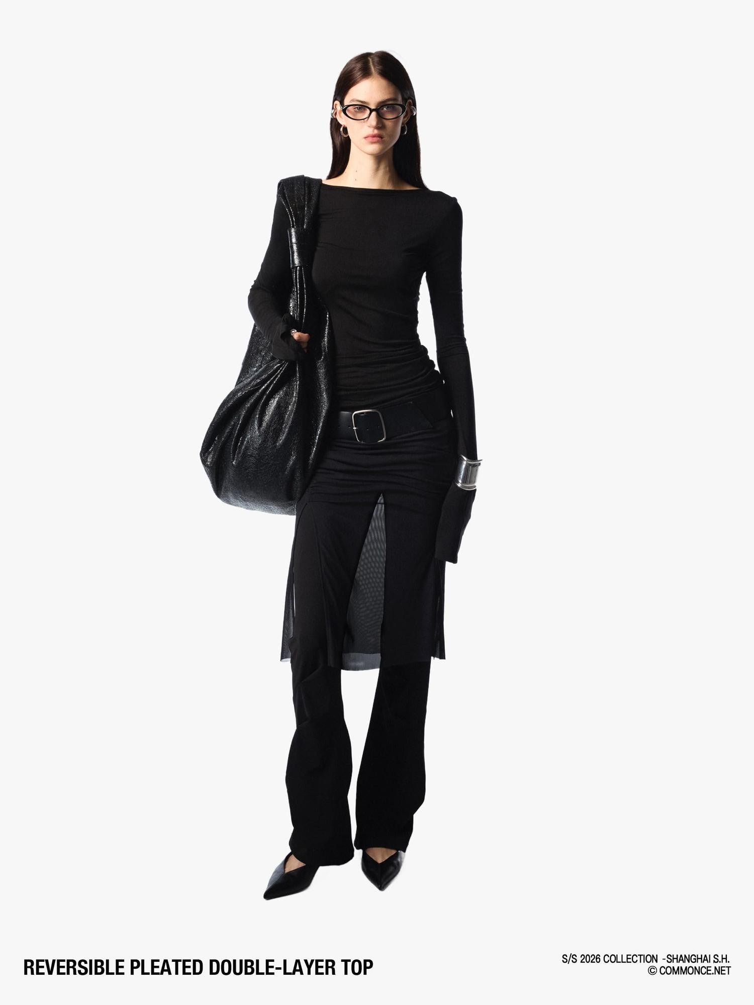 commonce net Pleated Cutout Faux Two Piece Slim Fit Women&