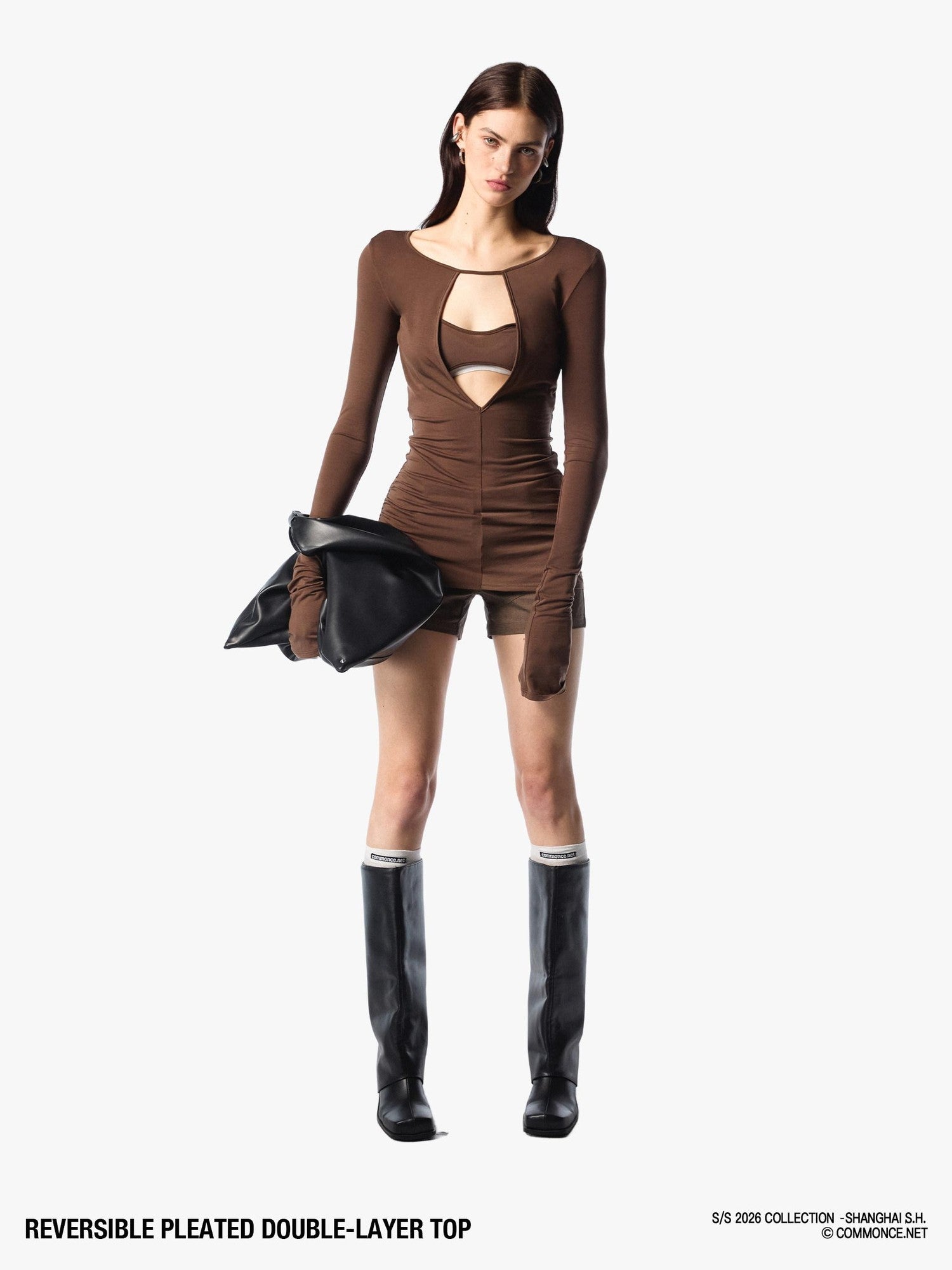 commonce net Pleated Cutout Faux Two Piece Slim Fit Women&