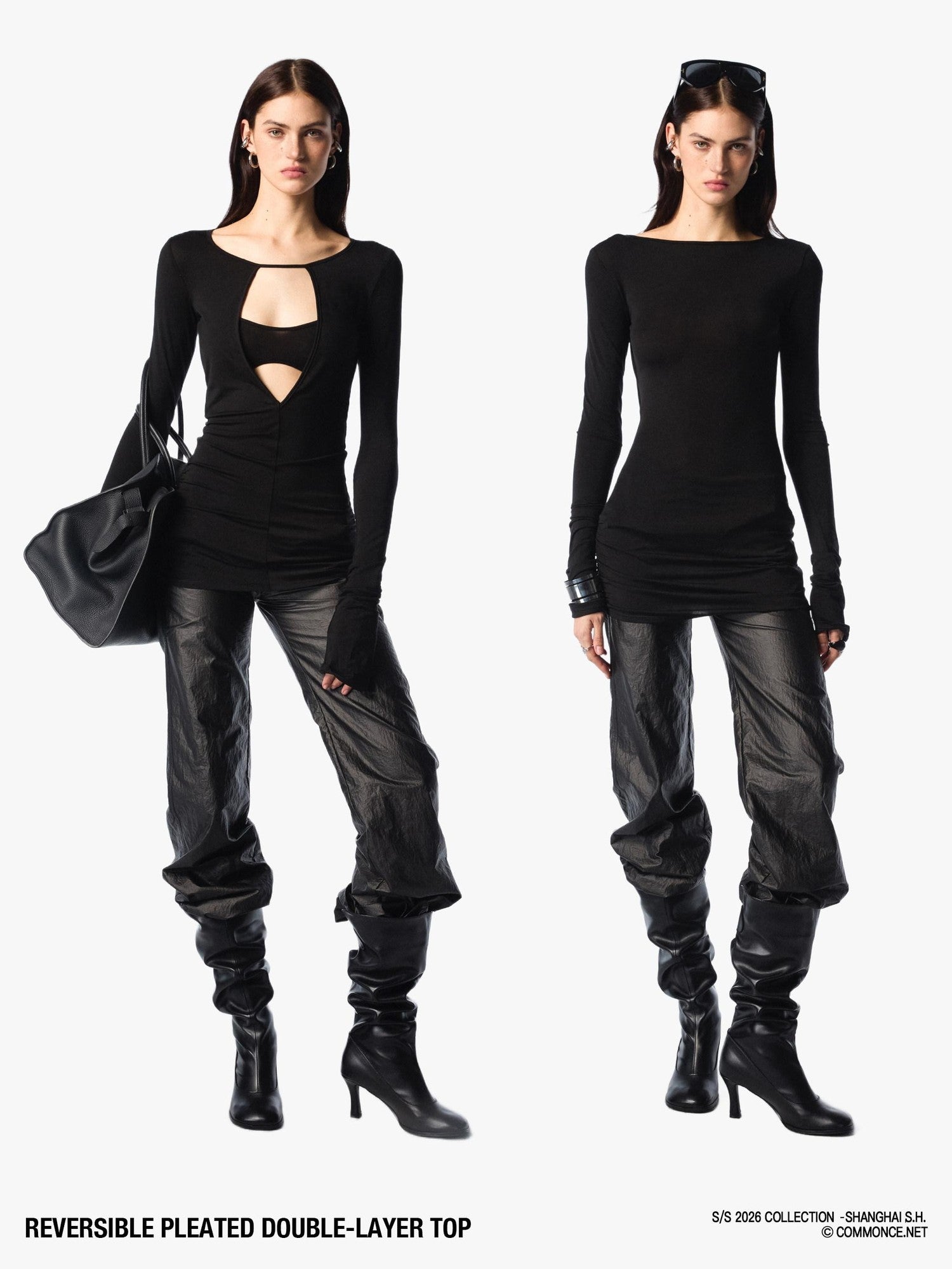 commonce net Pleated Cutout Faux Two Piece Slim Fit Women&