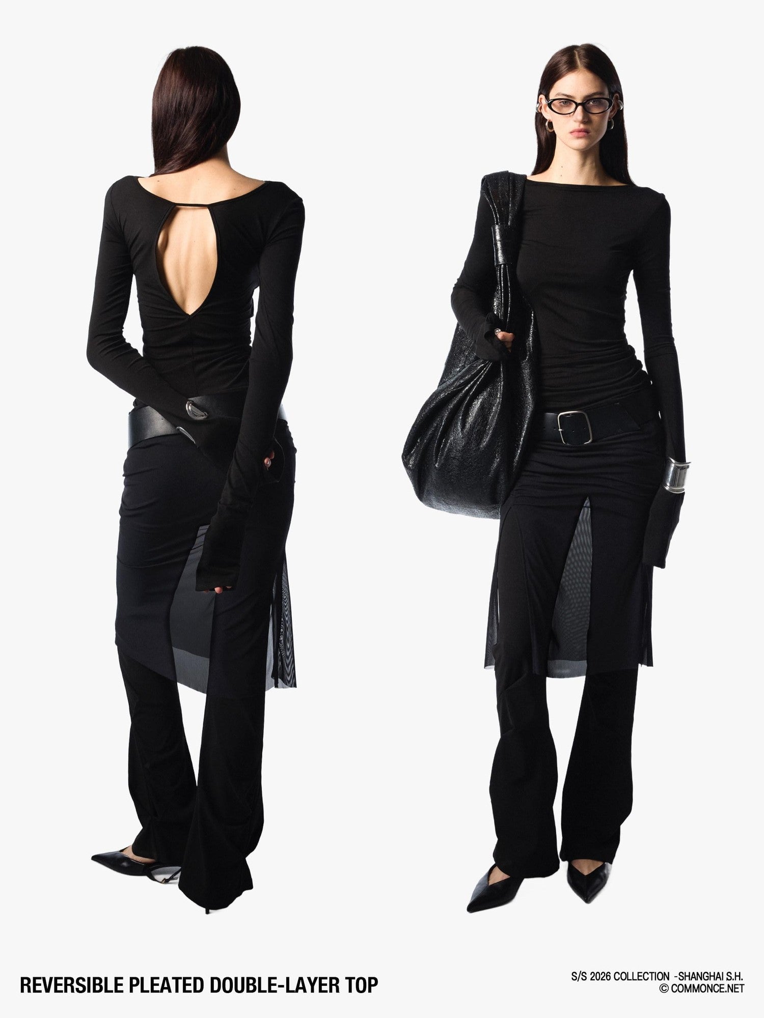 commonce net Pleated Cutout Faux Two Piece Slim Fit Women&