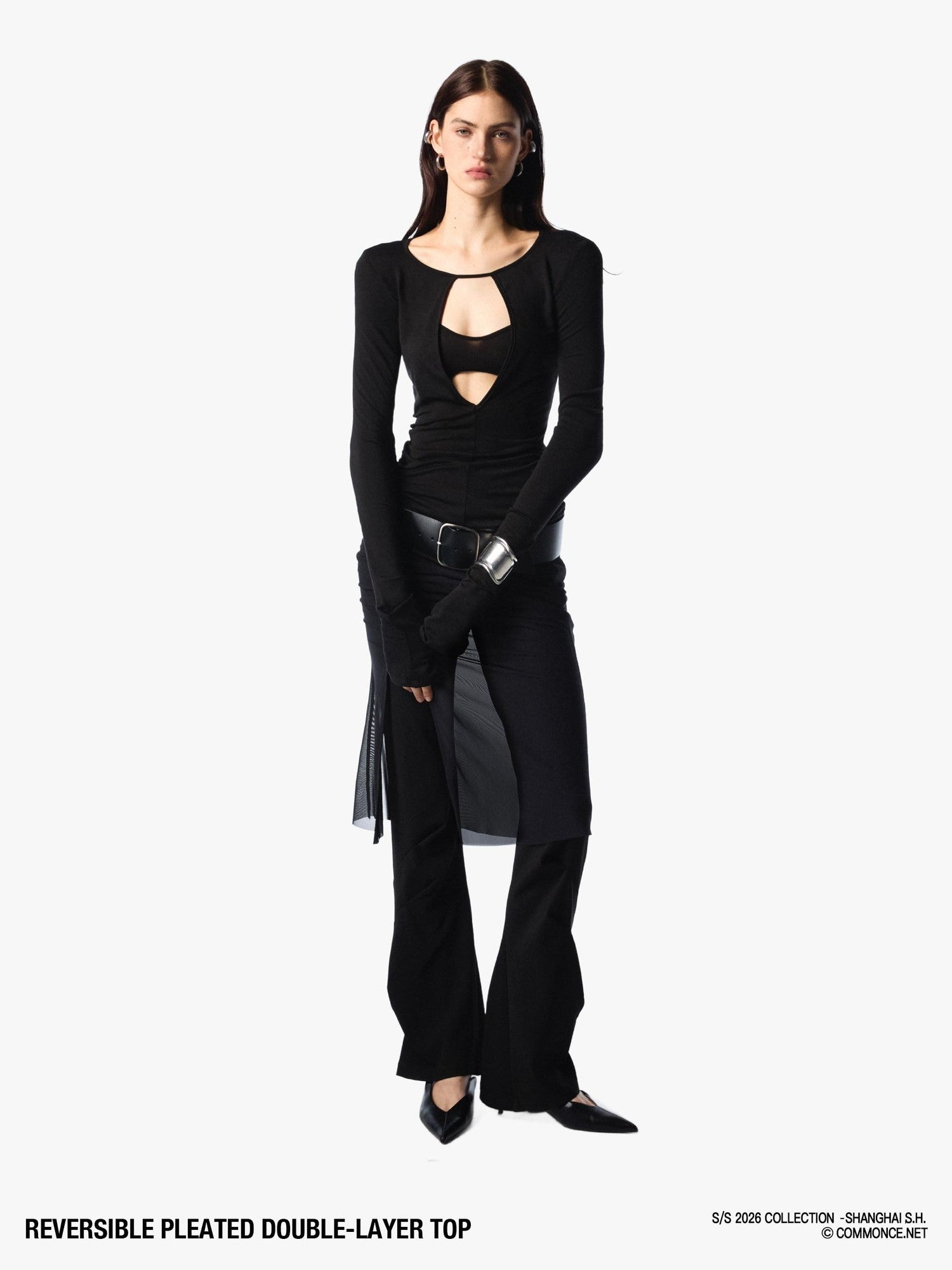 commonce net Pleated Cutout Faux Two Piece Slim Fit Women&
