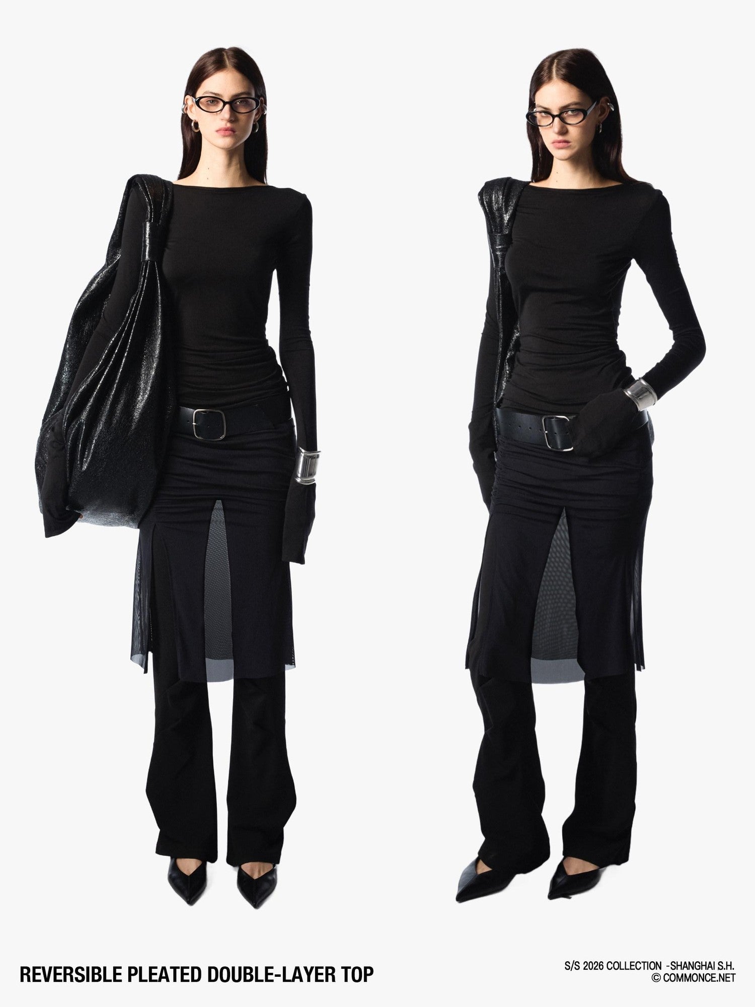 commonce net Pleated Cutout Faux Two Piece Slim Fit Women&
