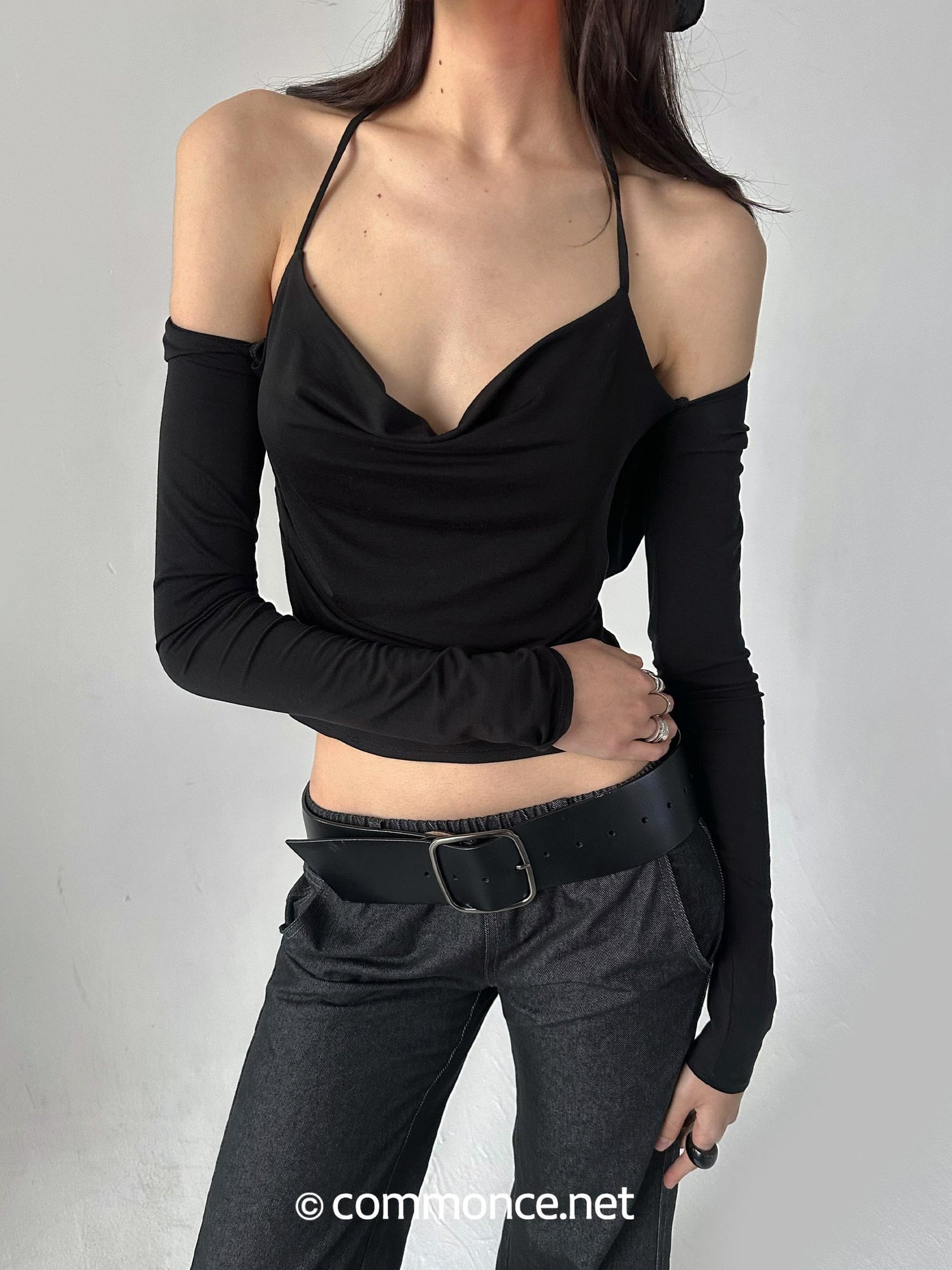 commonce_net_Pleated_Ruched_Tie_Halter_Lapel_Convertible_Cropped_Women&