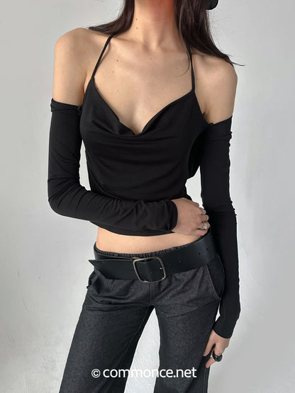 commonce_net_Pleated_Ruched_Tie_Halter_Lapel_Convertible_Cropped_Women&