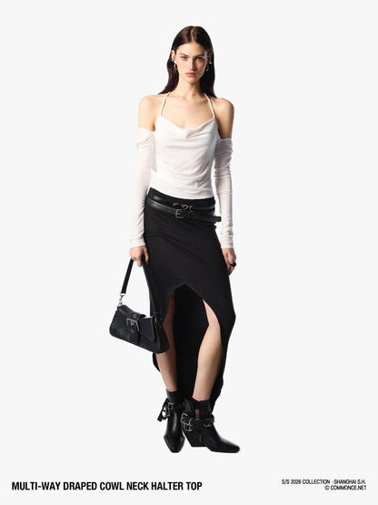 commonce net Pleated Ruched Tie Halter Lapel Convertible Cropped Women&