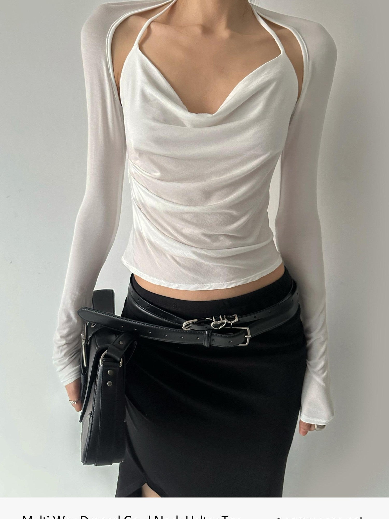 commonce net Pleated Ruched Tie Halter Lapel Convertible Cropped Women&