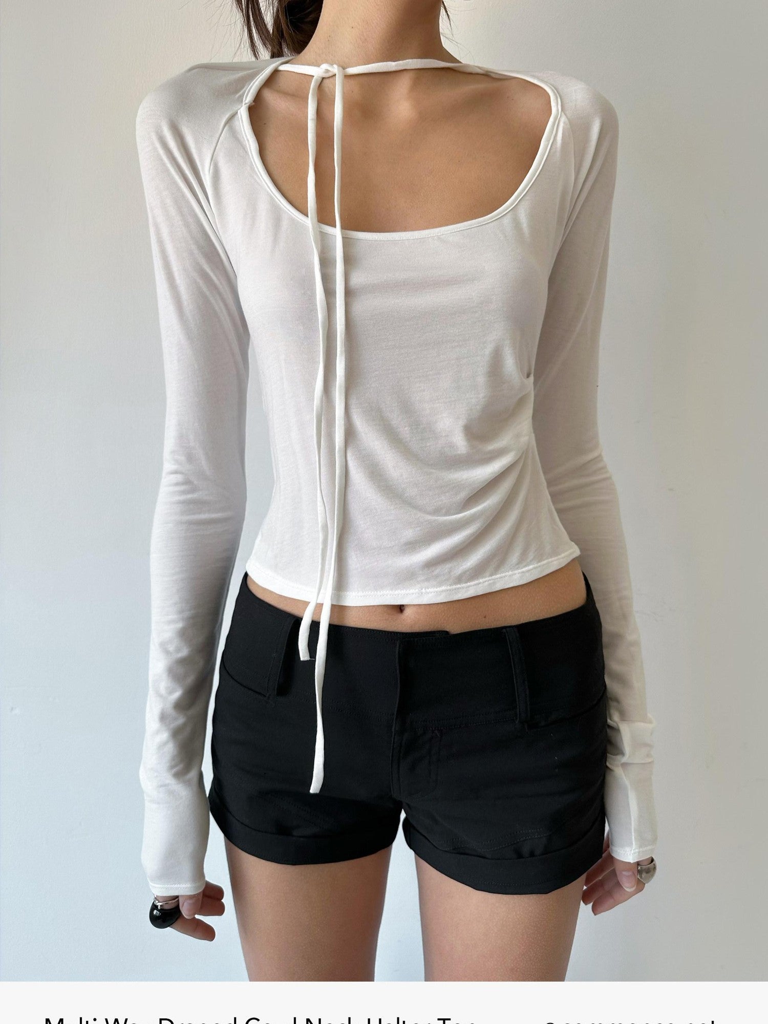 commonce net Pleated Ruched Tie Halter Lapel Convertible Cropped Women&